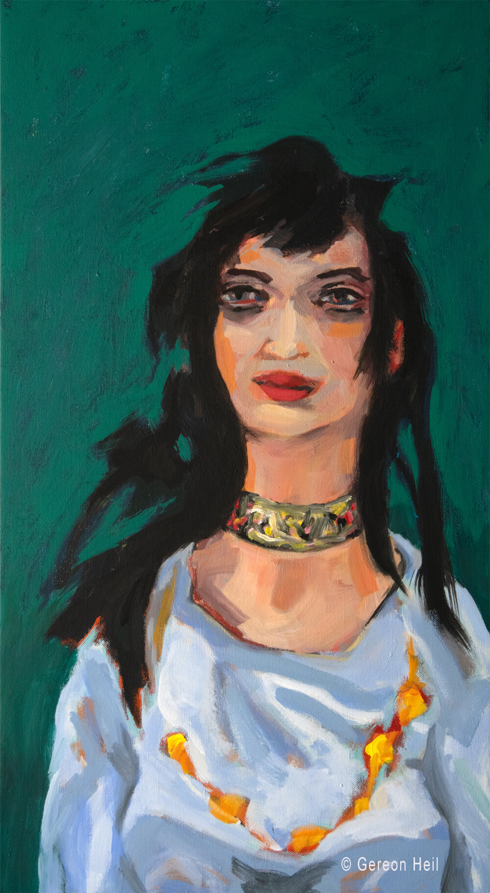 Gereon Heil, PORTRÄT MIT GELBER KETTE, Acryl auf Leinwand, 90 x 50 cm, 2025