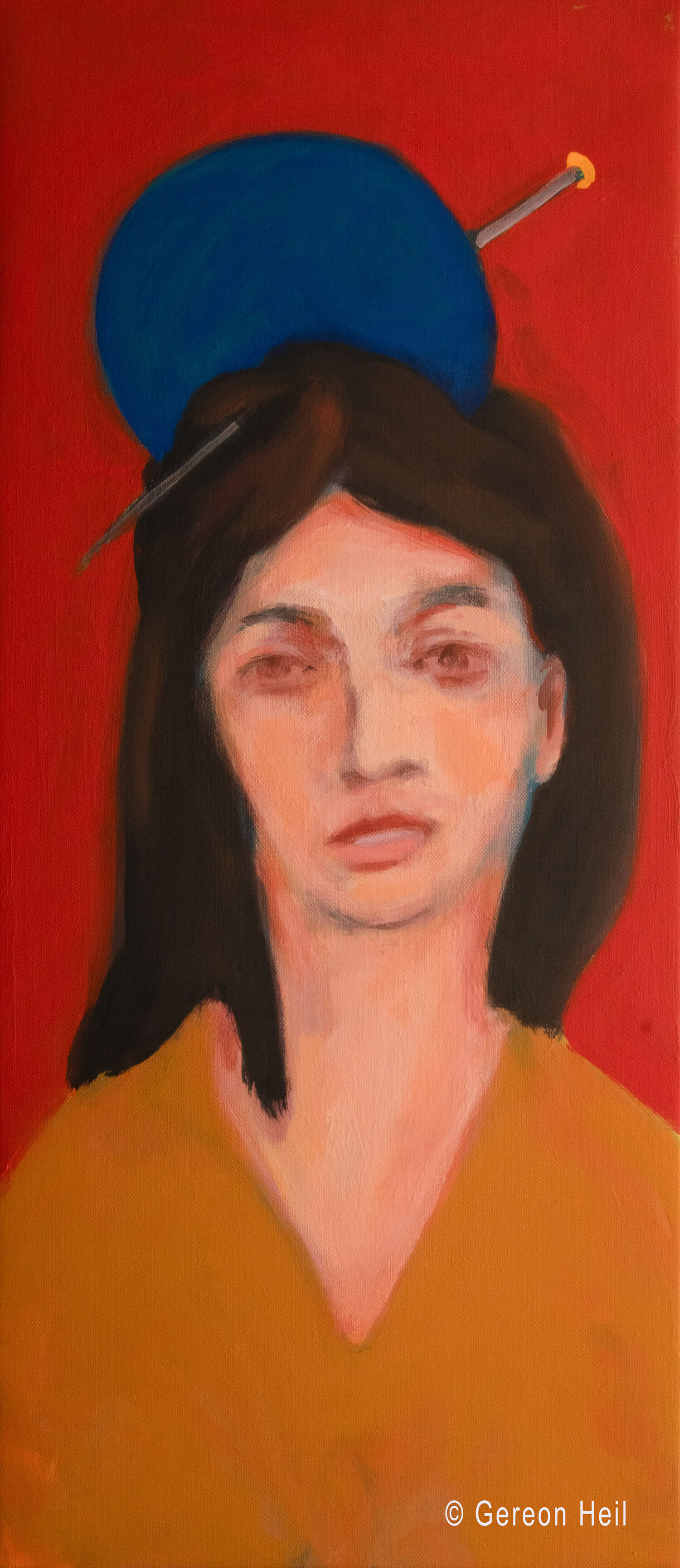 Gereon Heil, PORTRÄT MIT HAARNADEL, Acryl auf Leinwand, 90 x 40 cm, 2025